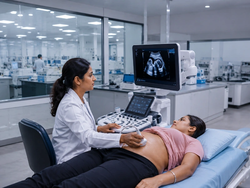Advanced high-resolution pregnancy ultrasound machine performing a high-precision target scan to map out fetal organ structures and congenital development metrics